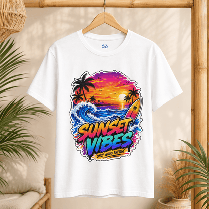 White T-shirt with large colorful 'Sunset Vibes' sunset palm graphic