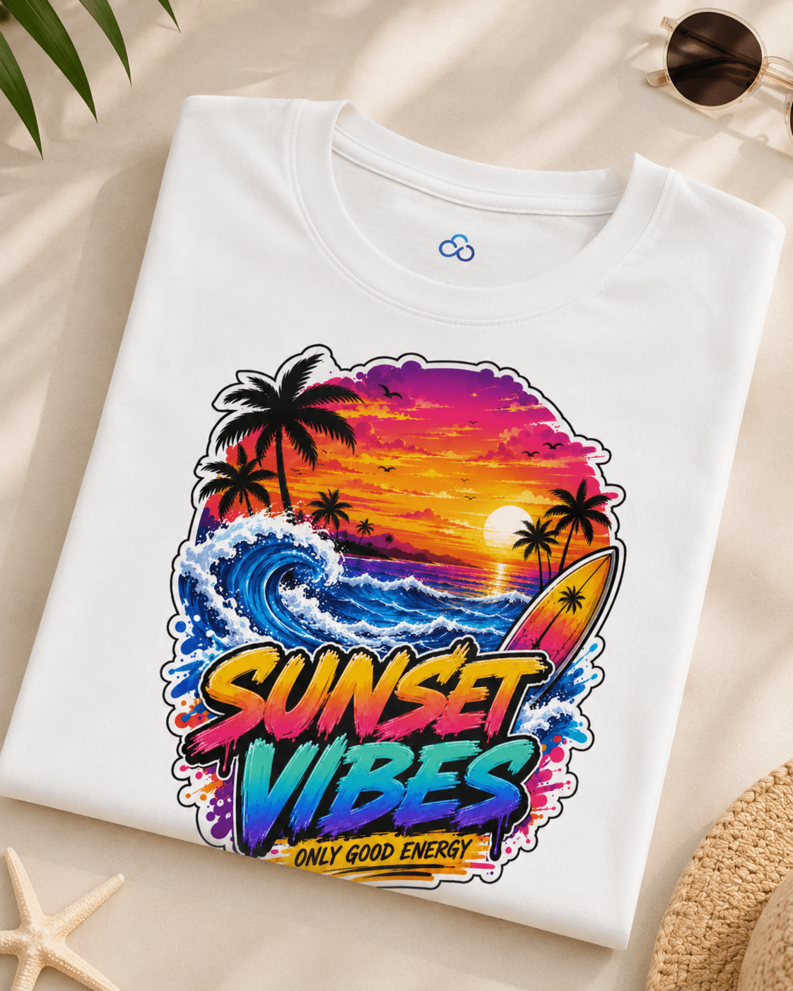 White T-shirt laid flat, showing colorful 'Sunset Vibes' sunset palm graphic