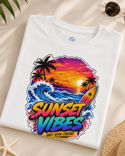 White T-shirt laid flat, showing colorful 'Sunset Vibes' sunset palm graphic