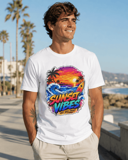 White T-shirt on model, showing colorful 'Sunset Vibes' sunset palm graphic