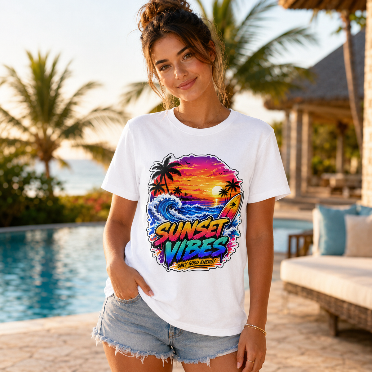 White T-shirt on model with colorful 'Sunset Vibes' sunset palm graphic