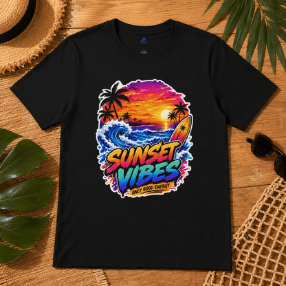 Black crewneck T-shirt flat lay with 'SUNSET VIBES' sunset and surf graphic