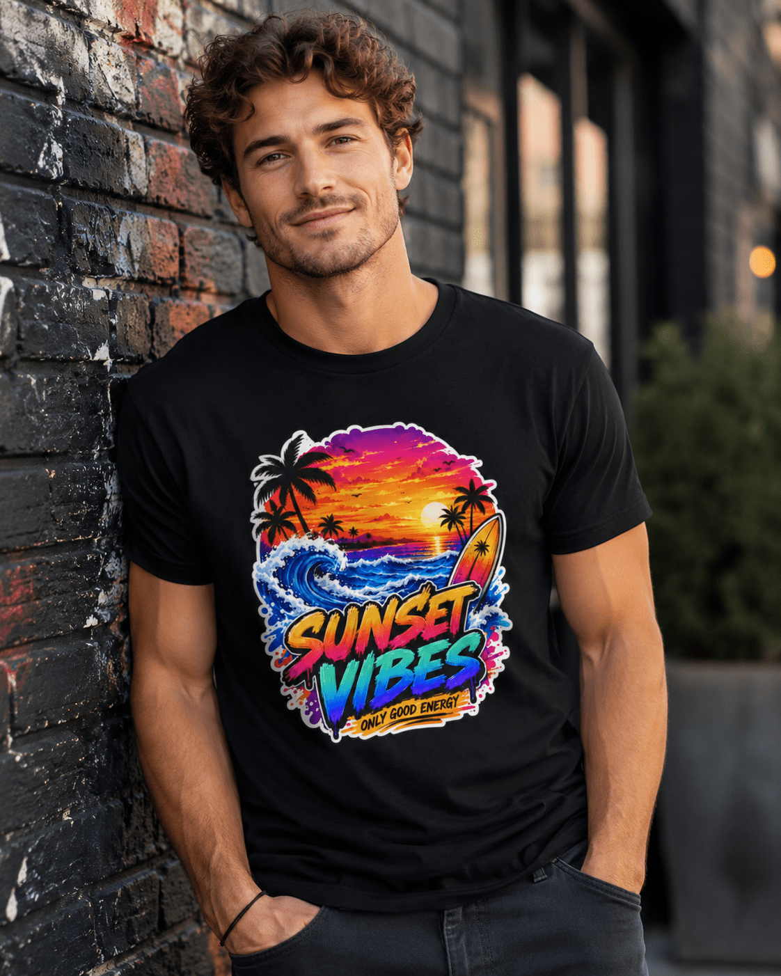 Black crewneck T-shirt on model with bold 'SUNSET VIBES' beach scene graphic