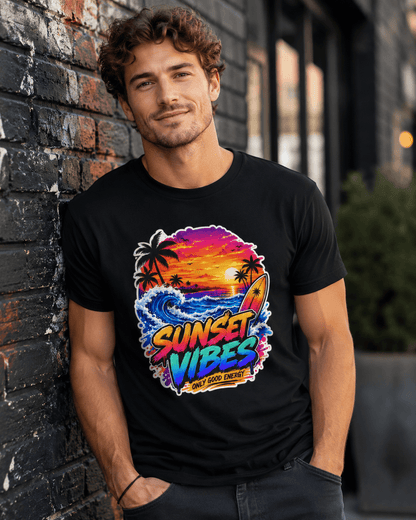 Black crewneck T-shirt on model with bold 'SUNSET VIBES' beach scene graphic
