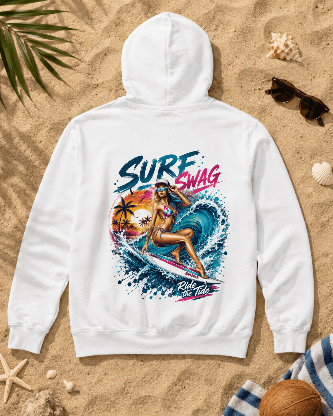 White surf hoodie with hood up, large colorful surf graphic on back