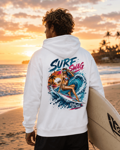 White surf hoodie, back view with colorful surf graphic, hood down