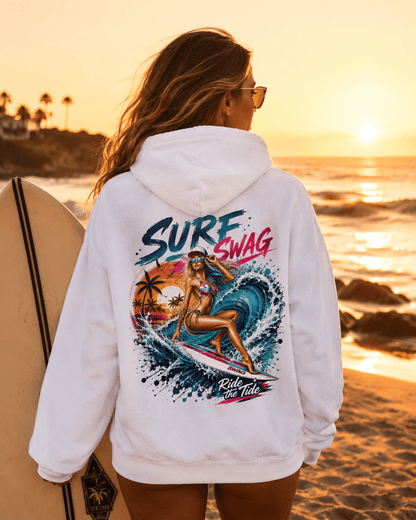 White surf hoodie on back view, surf graphic centered beneath hood
