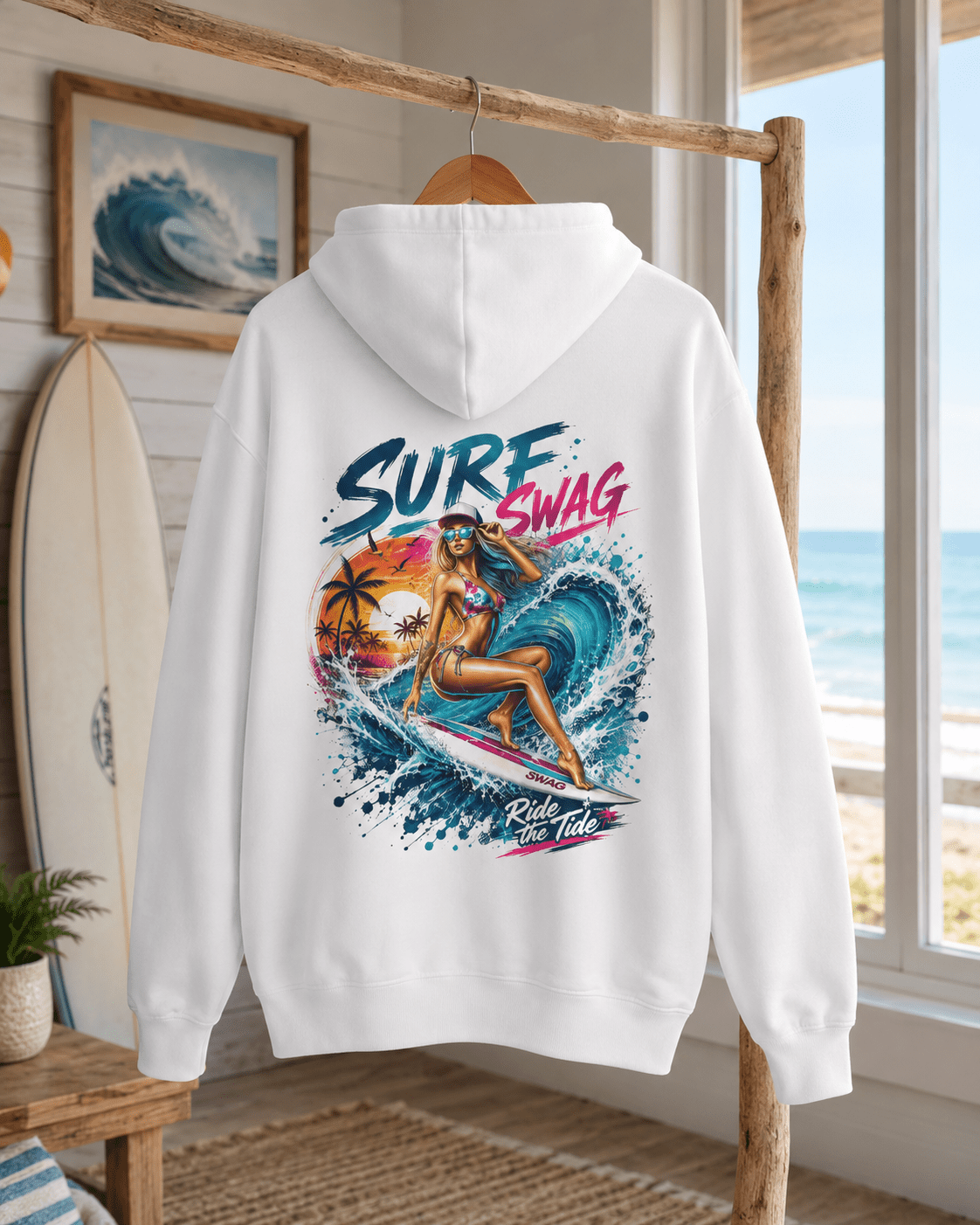White surf hoodie on display, hooded back with colorful wave graphic