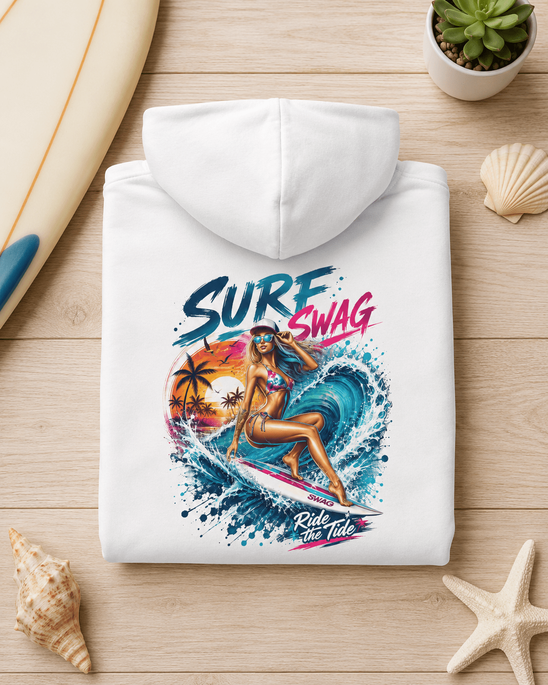 Folded white surf hoodie, full-color surf graphic on front
