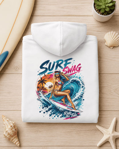 Folded white surf hoodie, full-color surf graphic on front