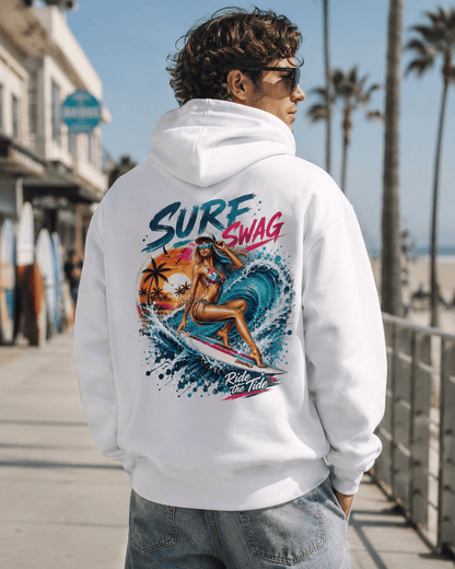 White surf hoodie with hood up, back graphic and wave design