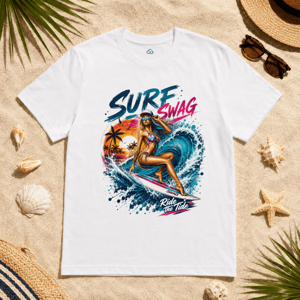 White crew-neck T-shirt with colorful surf graphic and “Surf Swag” text on front