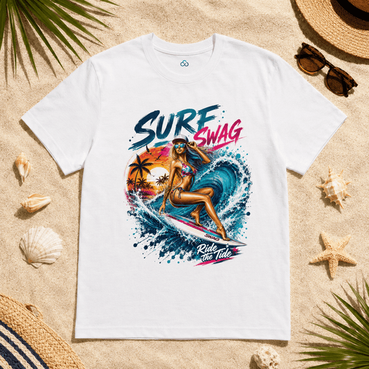 White crew-neck T-shirt with colorful surf graphic and “Surf Swag” text on front