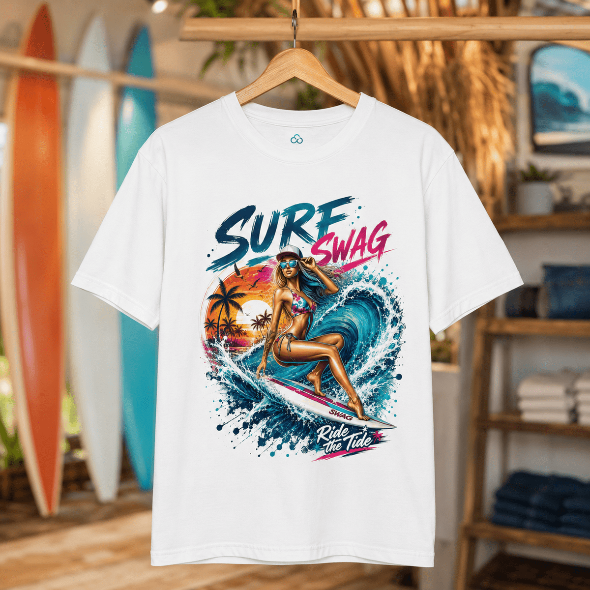 White crew-neck T-shirt hanging, front graphic shows “Surf Swag” surfer on a wave
