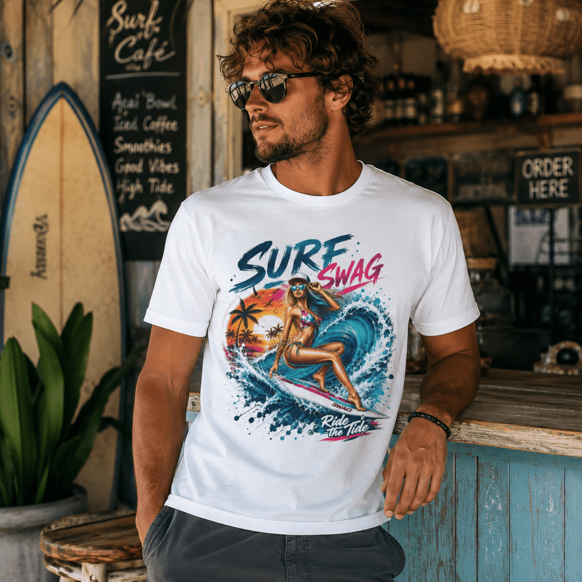 White surf T-shirt on a man, front view, colorful “Surf Swag” surfer and ocean splash art
