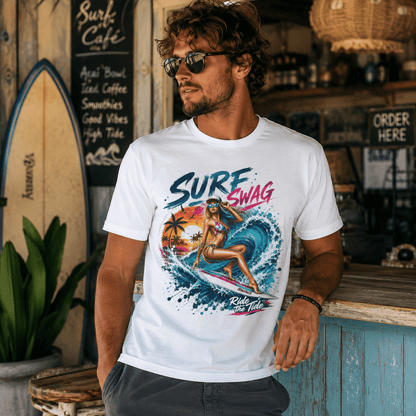 White surf T-shirt on a man, front view, colorful “Surf Swag” surfer and ocean splash art
