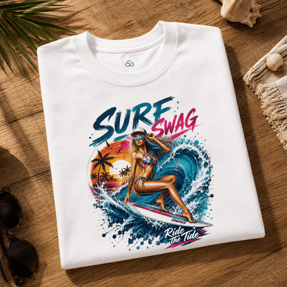 White folded surf T-shirt with front graphic of “Surf Swag” surfer riding the tide