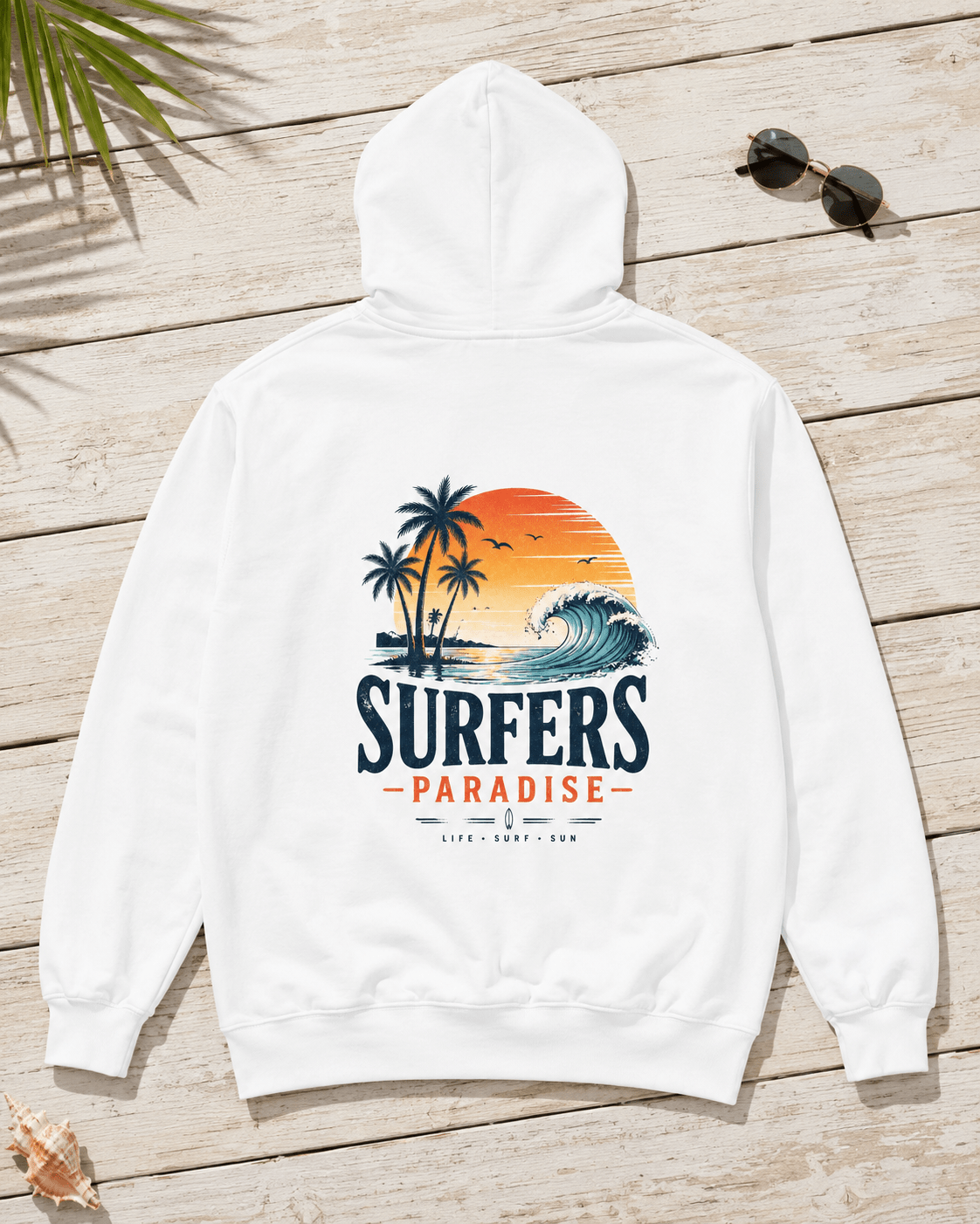 White pullover hoodie with hood; large surf-themed back graphic of palms and wave