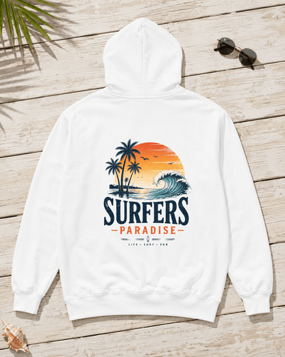 White pullover hoodie with hood; large surf-themed back graphic of palms and wave