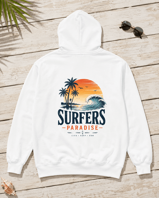 White pullover hoodie with hood; large surf-themed back graphic of palms and wave