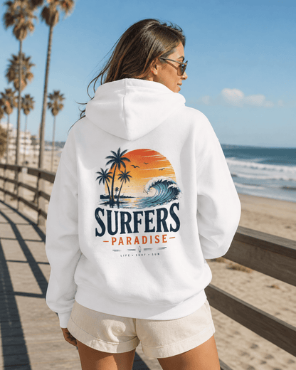 White pullover hoodie worn from back, hood up; surf-themed palm and wave print
