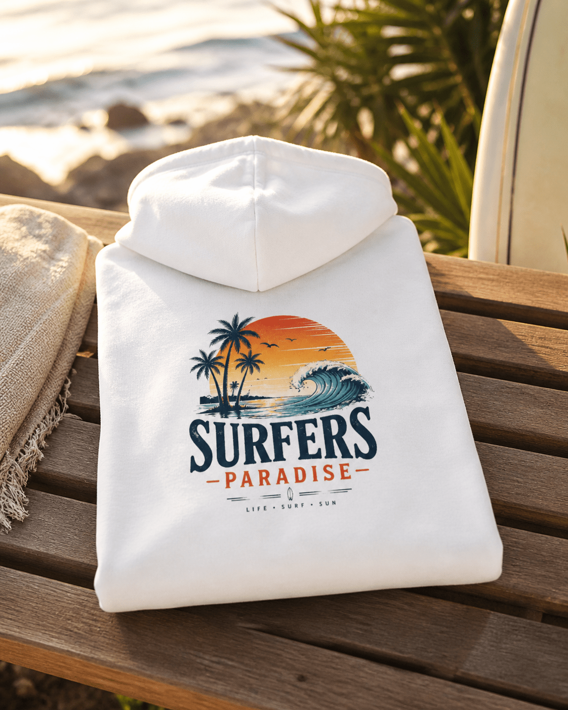 White pullover hoodie folded on bench; surf-themed back print with palms and wave