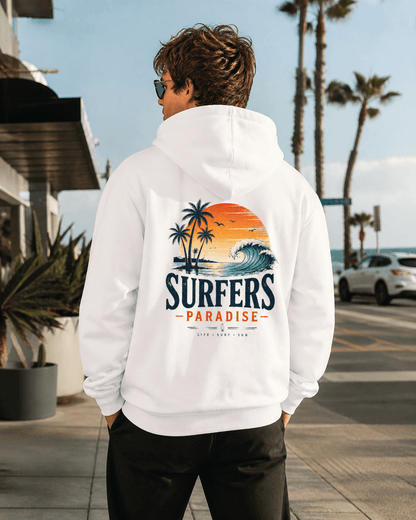 White pullover hoodie on person; hood up, surf-themed back print with palms and wave