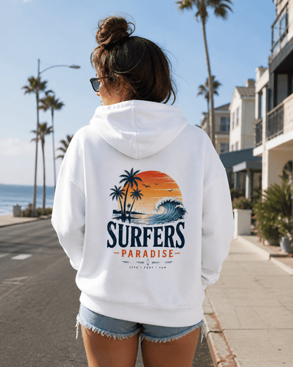 White pullover hoodie back view with hood; surf-themed print with palms and ocean wave