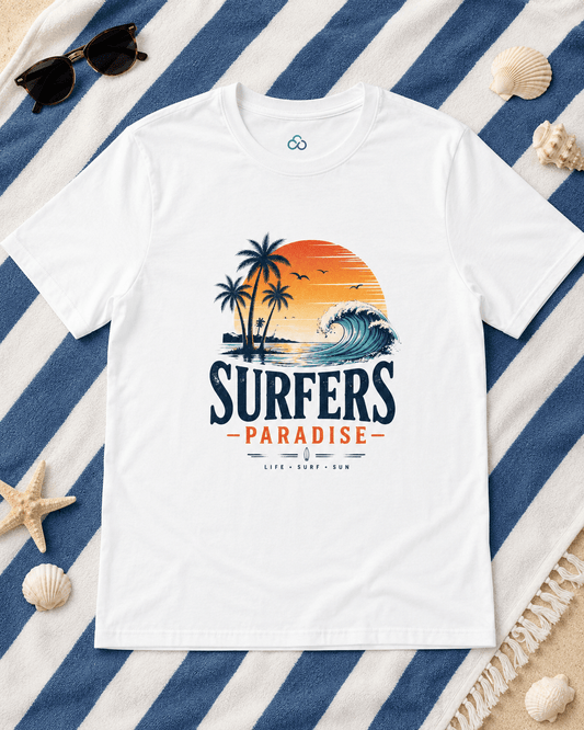 White short-sleeve T-shirt with surf graphic and small blue infinity logo on chest