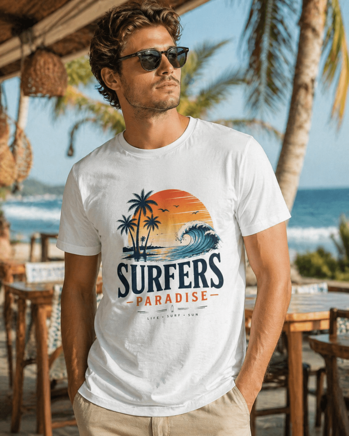 White T-shirt worn by man with surfers paradise surf graphic on front