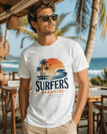 White T-shirt worn by man with surfers paradise surf graphic on front