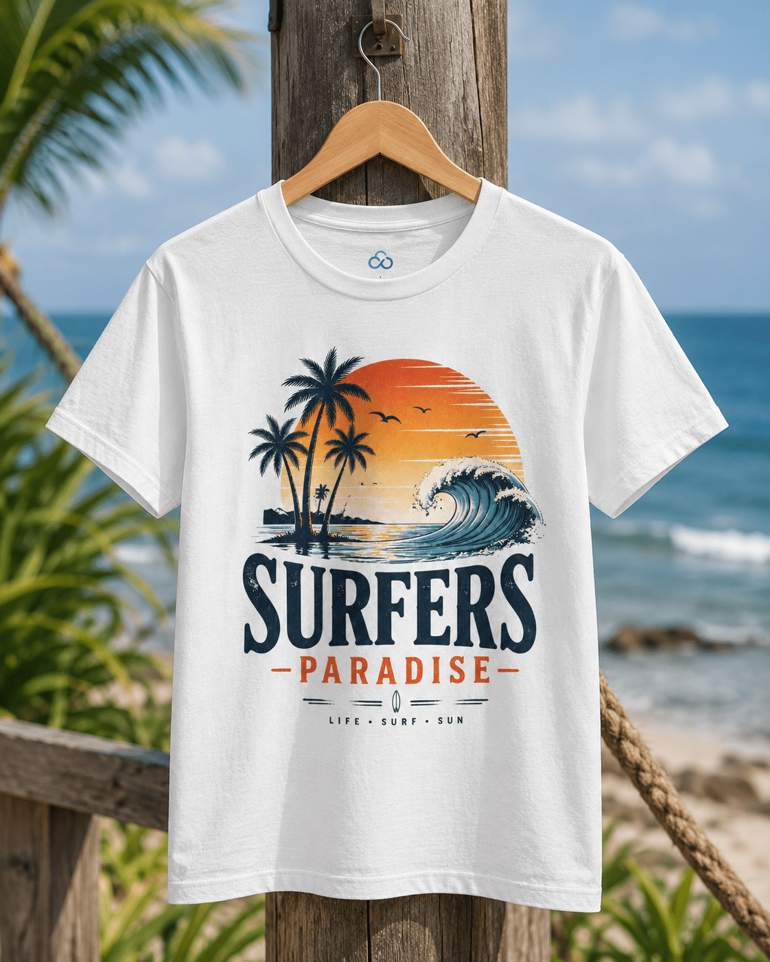 White crewneck T-shirt hanging on wooden hanger, featuring surfers paradise surf artwork