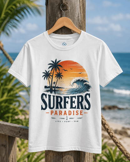 White crewneck T-shirt hanging on wooden hanger, featuring surfers paradise surf artwork