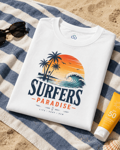 Folded white T-shirt with surfers paradise surf graphic and blue infinity logo