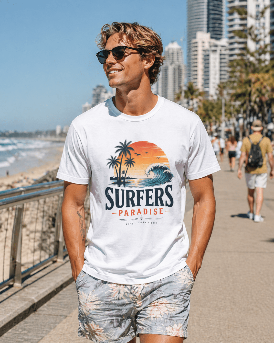White T-shirt worn by man with surfers paradise surf graphic and crew neckline