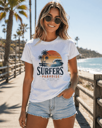 White crewneck T-shirt worn by woman with surfers paradise surf artwork on chest