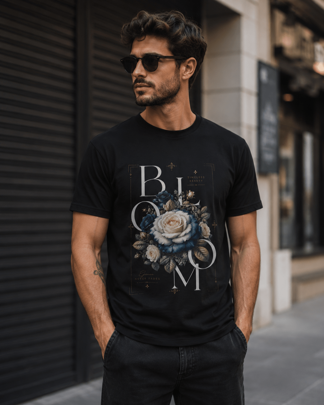 Man wearing a black t-shirt with floral design and 'BLOOM' text on a city street.