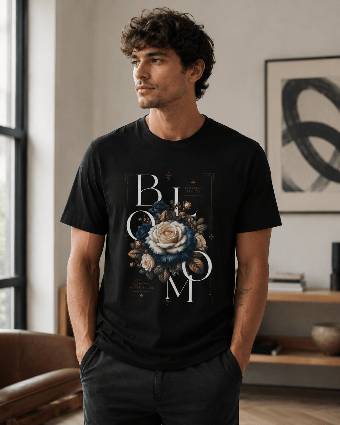 Man wearing a black t-shirt with floral design and text in a room.