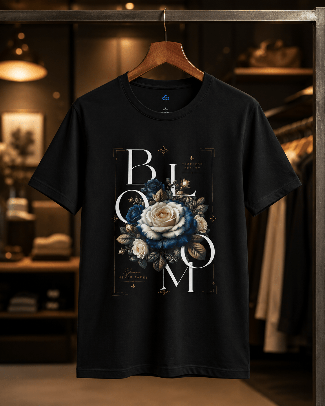 Black t-shirt with floral design and 'BLOOM' text on a hanger.