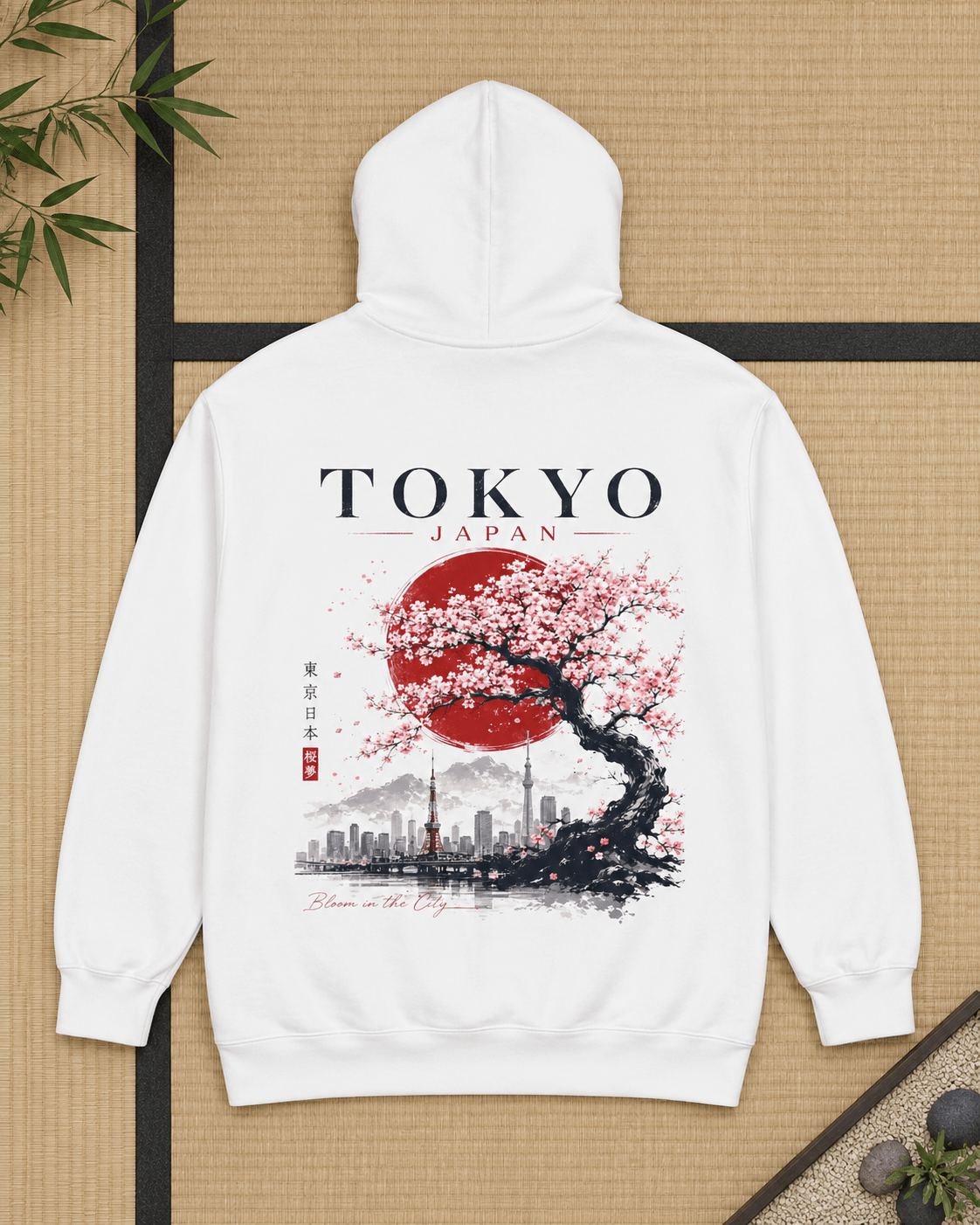 White Tokyo Japan hoodie with back cherry tree graphic and large TOKYO text.