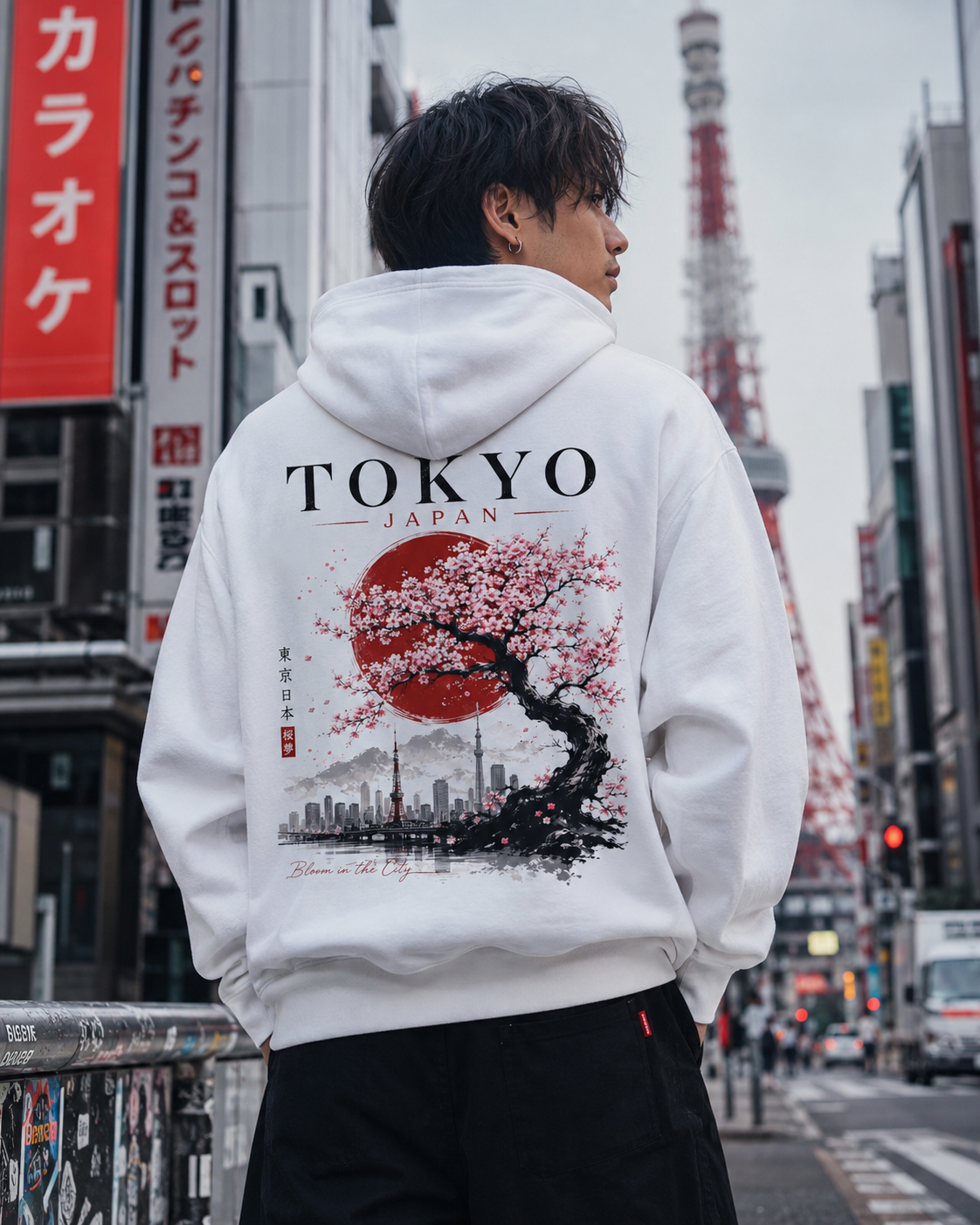 White hoodie with back print TOKYO JAPAN cherry blossom tree and skyline