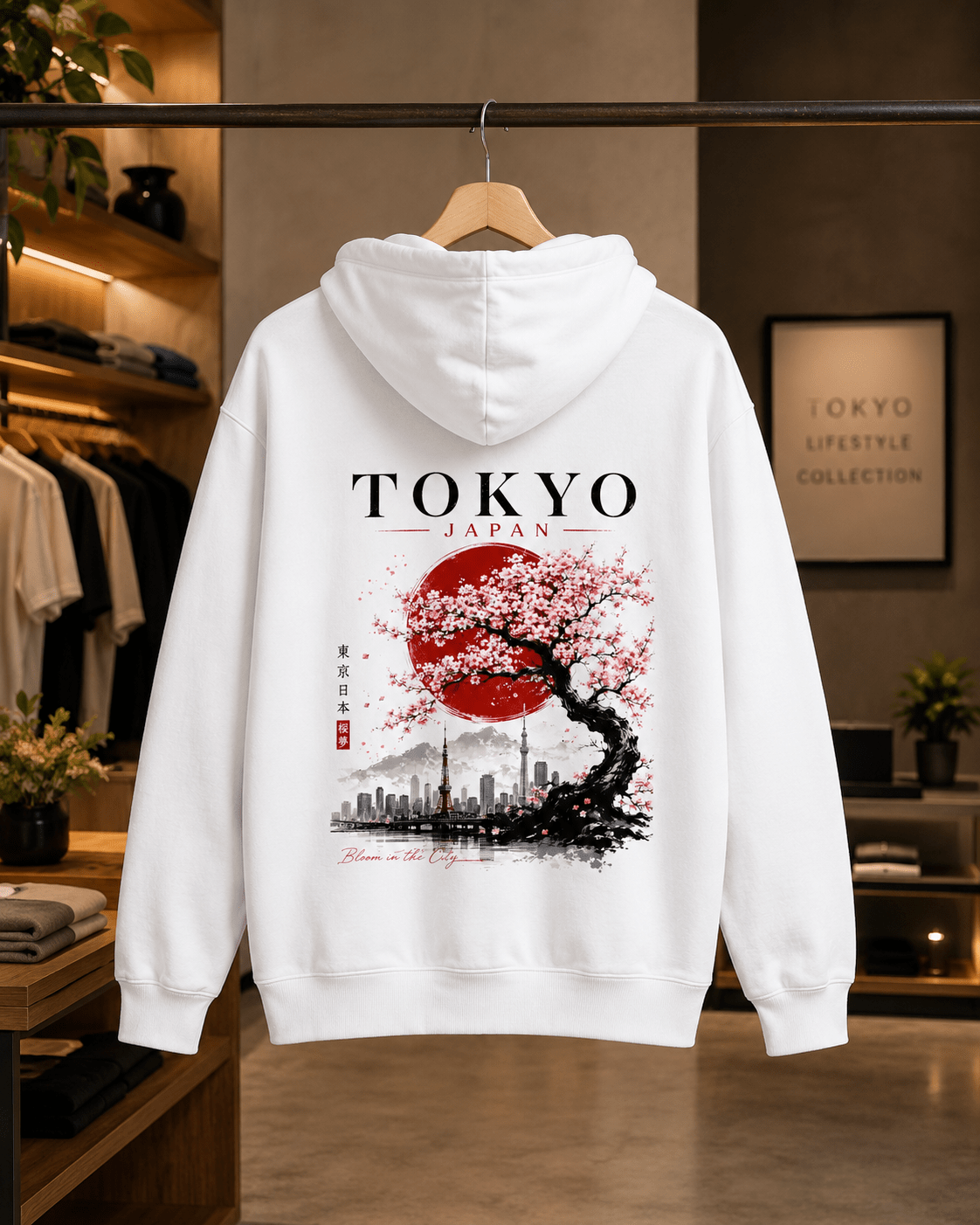 White hoodie, hooded back view, TOKYO text above cherry tree skyline graphic.