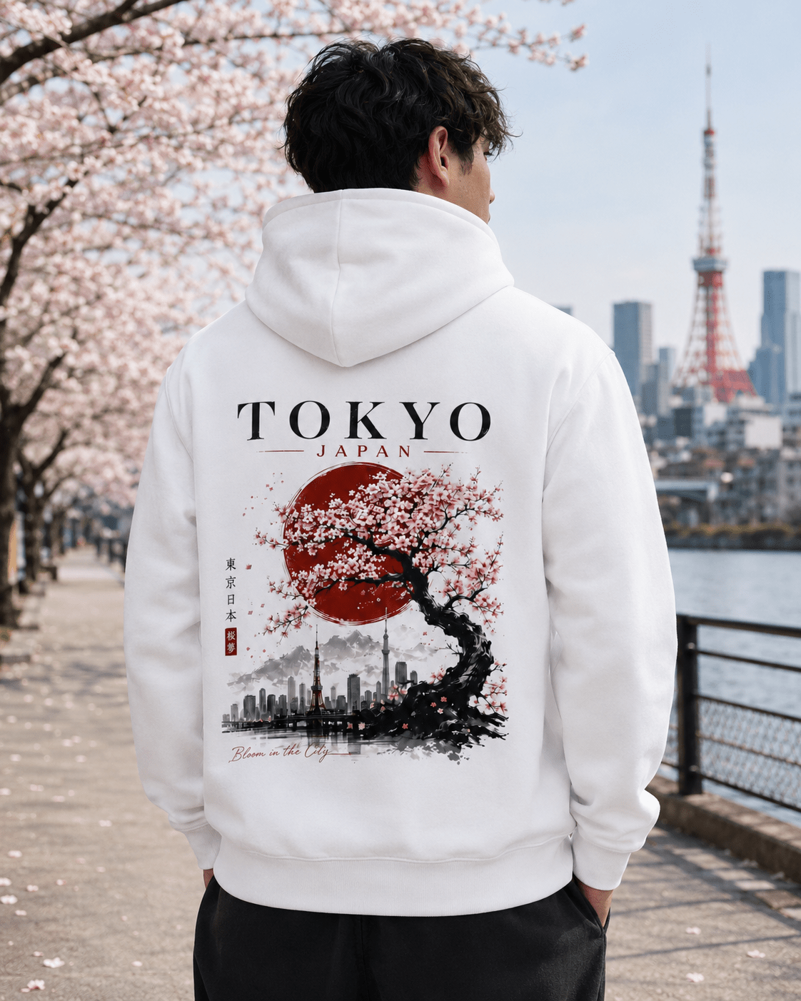 White hoodie on model, back TOKYO JAPAN cherry tree skyline graphic visible.