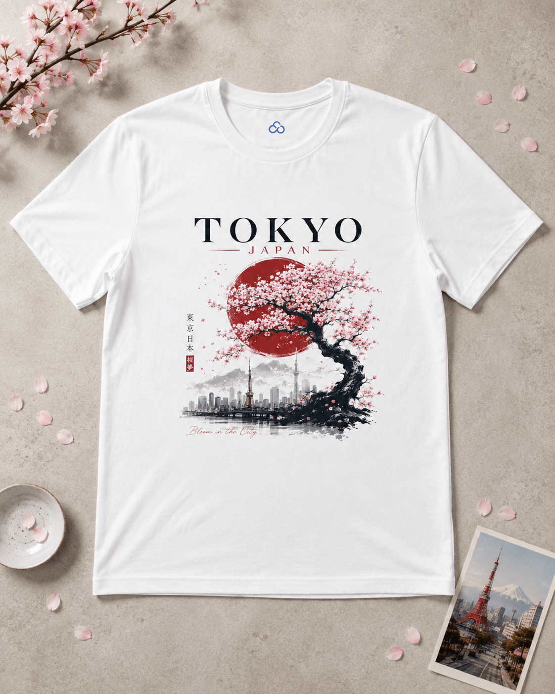 White T-shirt with “TOKYO JAPAN” graphic, cherry blossoms, and city skyline print