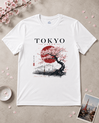 White T-shirt with “TOKYO JAPAN” graphic, cherry blossoms, and city skyline print