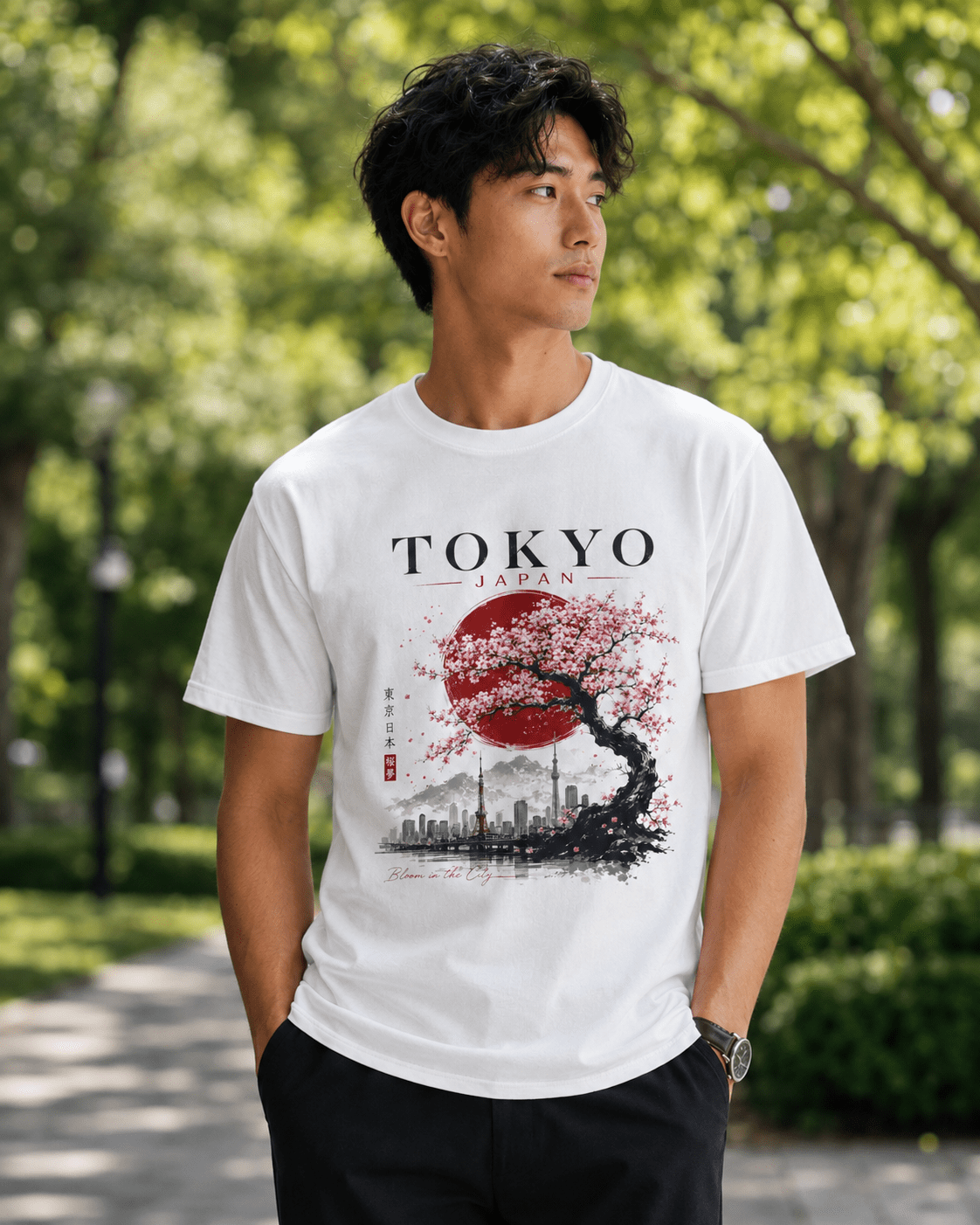 White T-shirt on model with “TOKYO JAPAN” print featuring cherry blossoms and skyline
