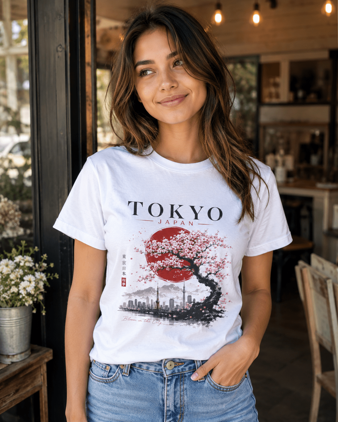 White T-shirt worn by model with “TOKYO JAPAN” graphic, cherry blossoms, and skyline