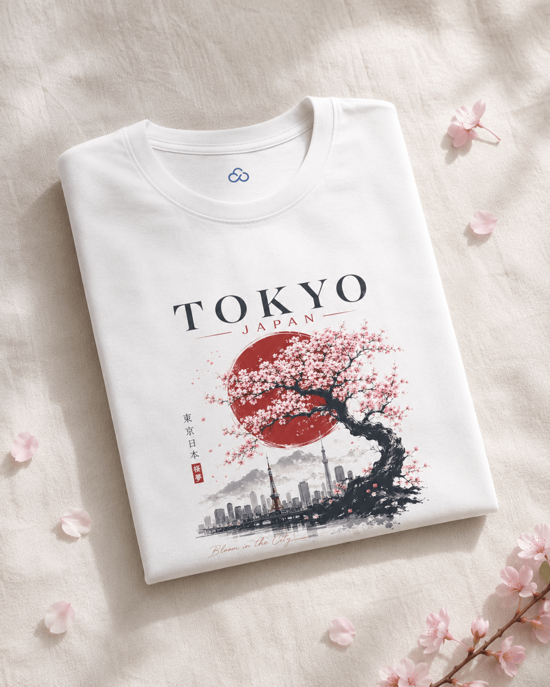 Folded white T-shirt with “TOKYO JAPAN” graphic, cherry blossom tree, and skyline