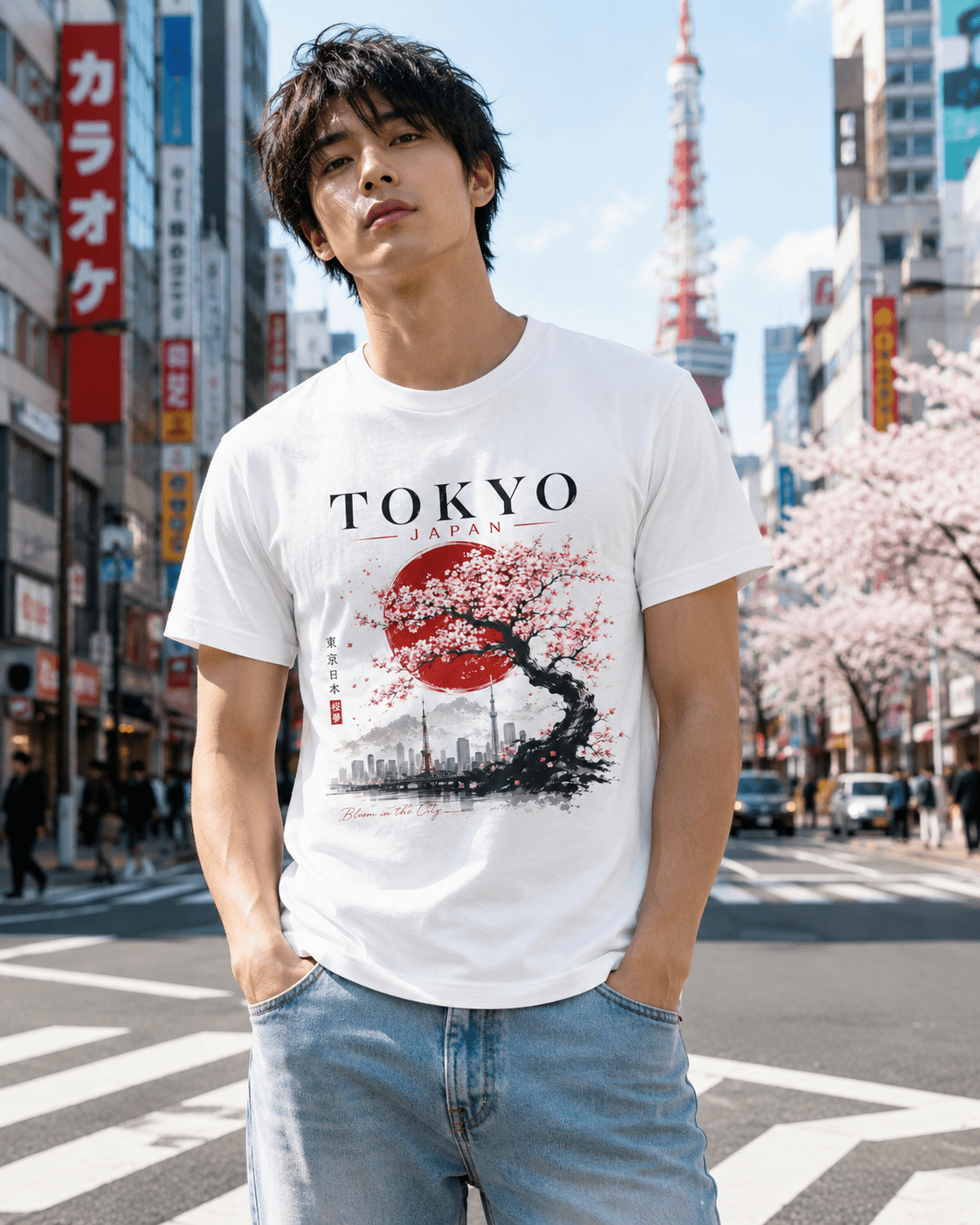 White T-shirt on model with “TOKYO JAPAN” print and cherry blossom tree over skyline