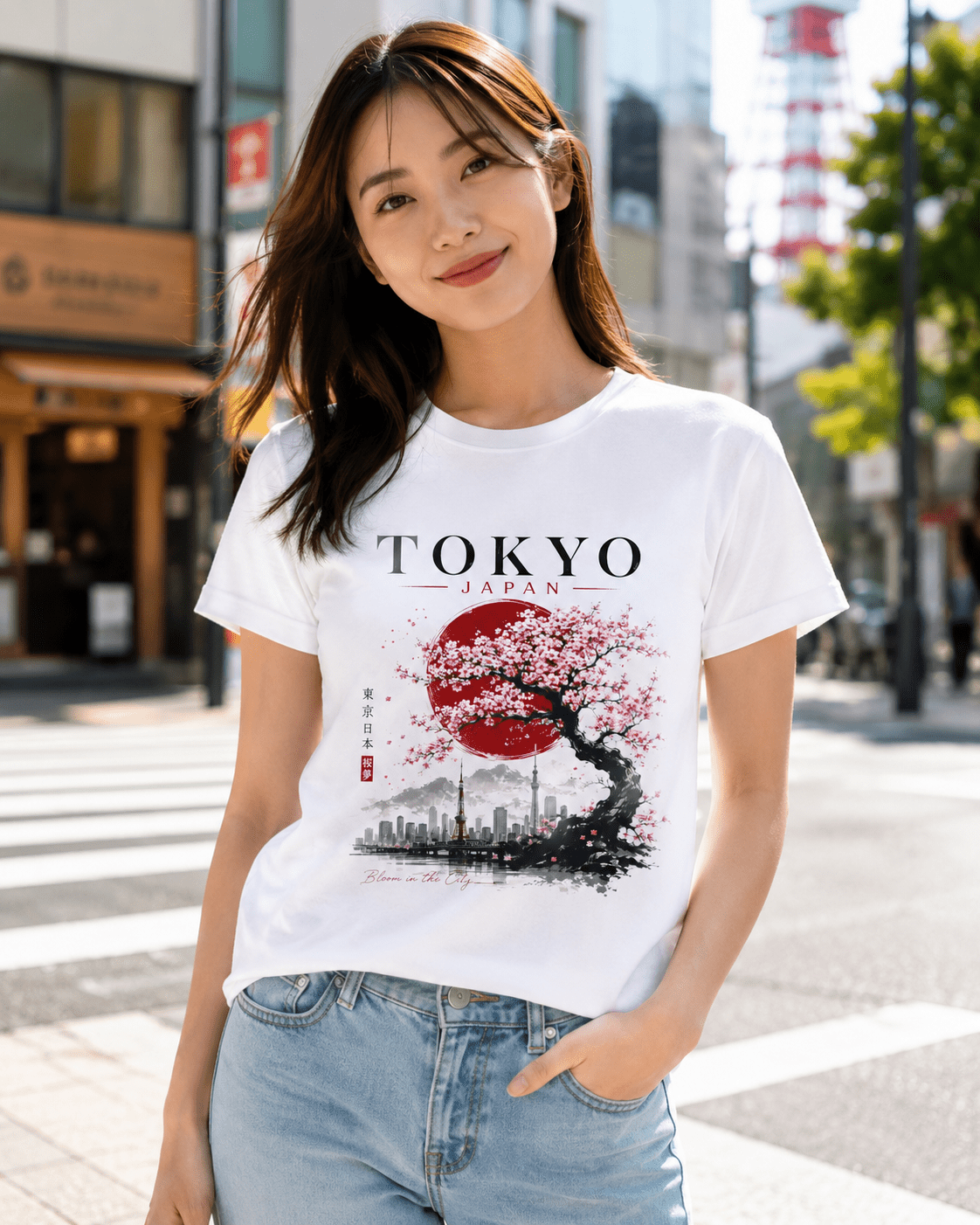 White T-shirt worn by model with “TOKYO JAPAN” graphic and cherry blossom tree print
